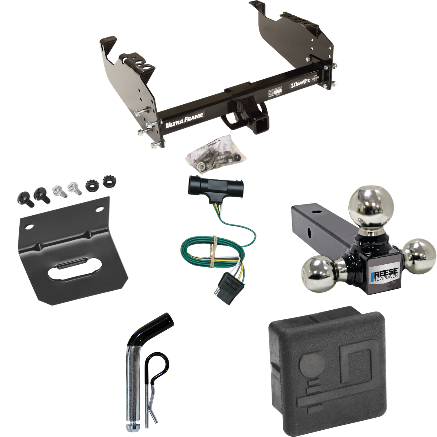 Fits 1975-1978 GMC K15 Trailer Hitch Tow PKG w/ 4-Flat Wiring Harness + Triple Ball Ball Mount 1-7/8" & 2" & 2-5/16" Trailer Balls + Pin/Clip + Hitch Cover + Wiring Bracket By Draw-Tite