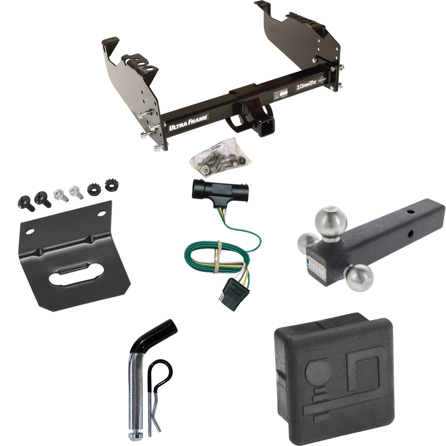 Fits 1979-1984 GMC C3500 Trailer Hitch Tow PKG w/ 4-Flat Wiring Harness + Triple Ball Ball Mount 1-7/8" & 2" & 2-5/16" Trailer Balls + Pin/Clip + Hitch Cover + Wiring Bracket By Draw-Tite