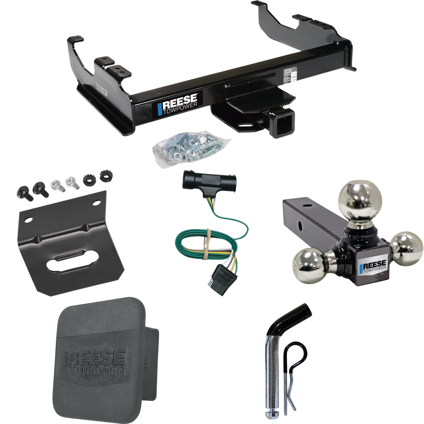 Fits 1979-1984 GMC K2500 Trailer Hitch Tow PKG w/ 4-Flat Wiring Harness + Triple Ball Ball Mount 1-7/8" & 2" & 2-5/16" Trailer Balls + Pin/Clip + Hitch Cover + Wiring Bracket By Reese Towpower