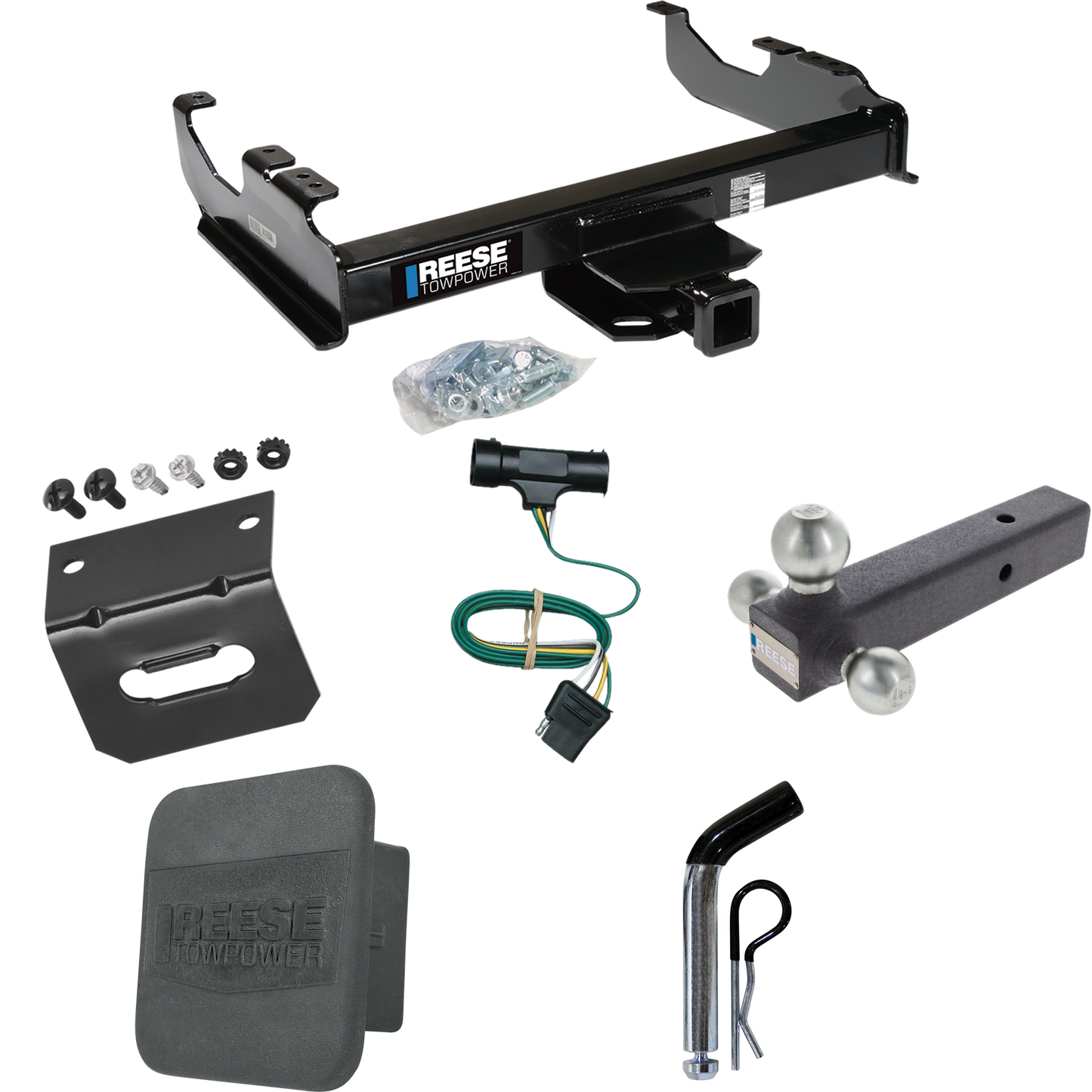 Fits 1977-1984 Chevrolet K30 Trailer Hitch Tow PKG w/ 4-Flat Wiring Harness + Triple Ball Ball Mount 1-7/8" & 2" & 2-5/16" Trailer Balls + Pin/Clip + Hitch Cover + Wiring Bracket By Reese Towpower