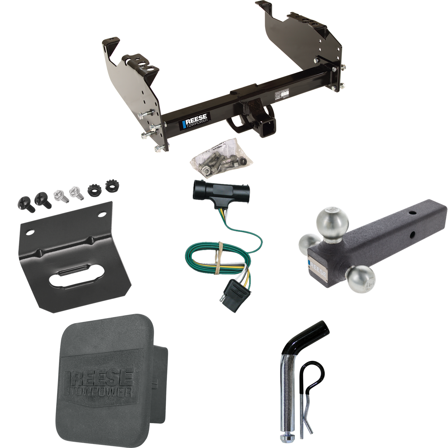 Fits 1979-1984 GMC K2500 Trailer Hitch Tow PKG w/ 4-Flat Wiring Harness + Triple Ball Ball Mount 1-7/8" & 2" & 2-5/16" Trailer Balls + Pin/Clip + Hitch Cover + Wiring Bracket By Reese Towpower