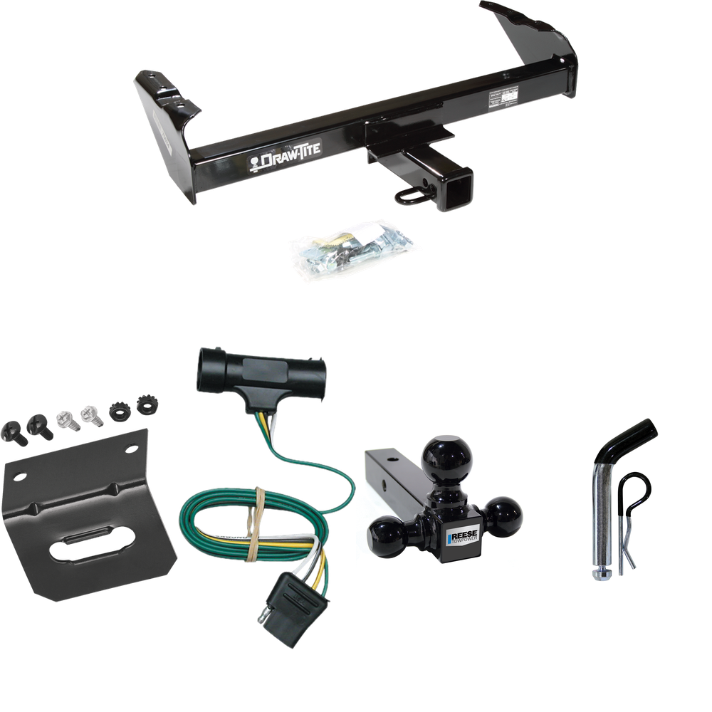 Fits 1973-1984 Chevrolet K10 Trailer Hitch Tow PKG w/ 4-Flat Wiring Harness + Triple Ball Ball Mount 1-7/8" & 2" & 2-5/16" Trailer Balls + Pin/Clip + Wiring Bracket By Draw-Tite