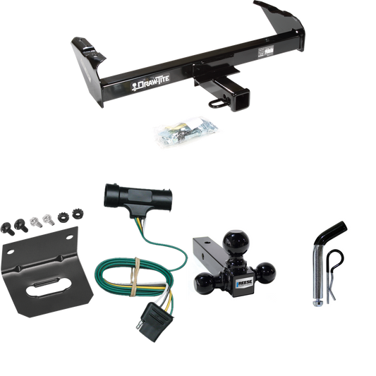 Fits 1973-1984 Chevrolet K10 Trailer Hitch Tow PKG w/ 4-Flat Wiring Harness + Triple Ball Ball Mount 1-7/8" & 2" & 2-5/16" Trailer Balls + Pin/Clip + Wiring Bracket By Draw-Tite