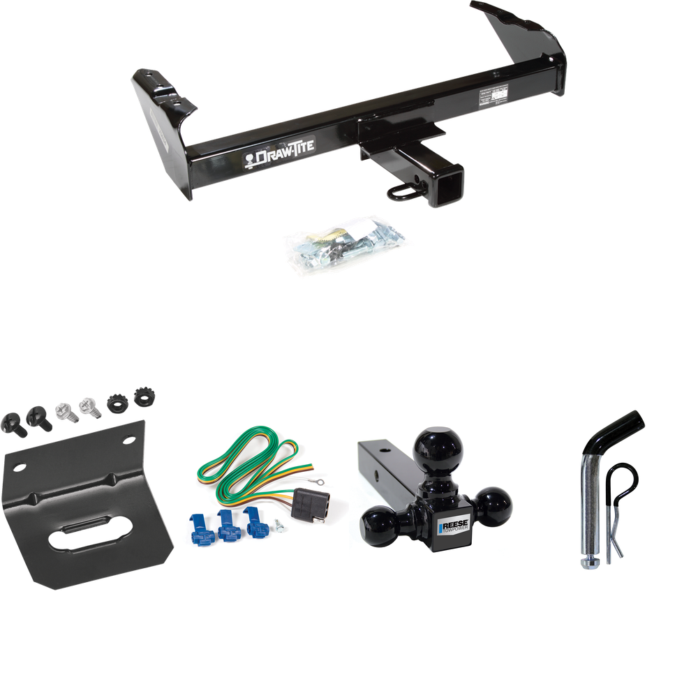 Fits 1963-1965 GMC 1000 Series Trailer Hitch Tow PKG w/ 4-Flat Wiring Harness + Triple Ball Ball Mount 1-7/8" & 2" & 2-5/16" Trailer Balls + Pin/Clip + Wiring Bracket By Draw-Tite