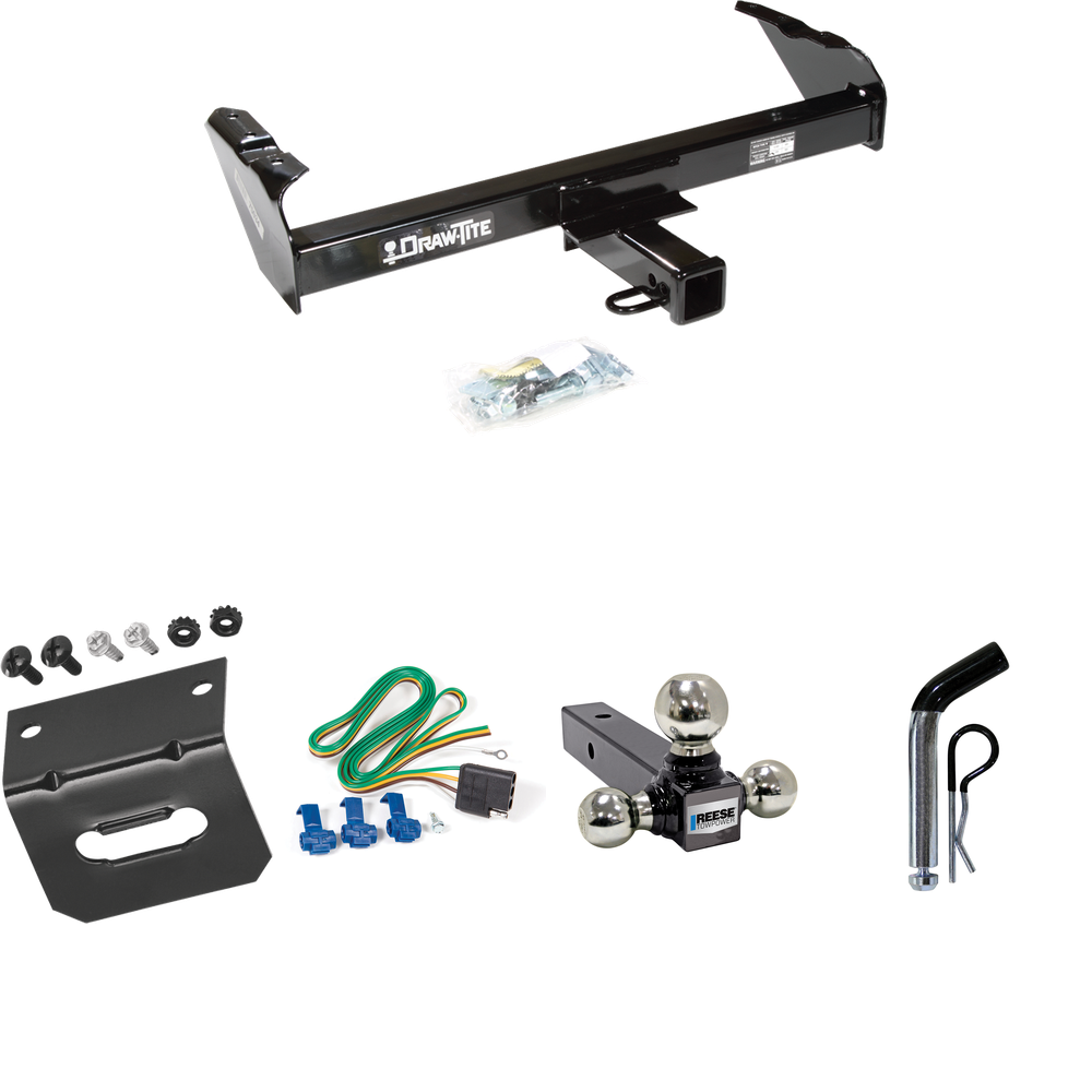 Fits 1985-1986 GMC C2500 Trailer Hitch Tow PKG w/ 4-Flat Wiring Harness + Triple Ball Ball Mount 1-7/8" & 2" & 2-5/16" Trailer Balls + Pin/Clip + Wiring Bracket By Draw-Tite