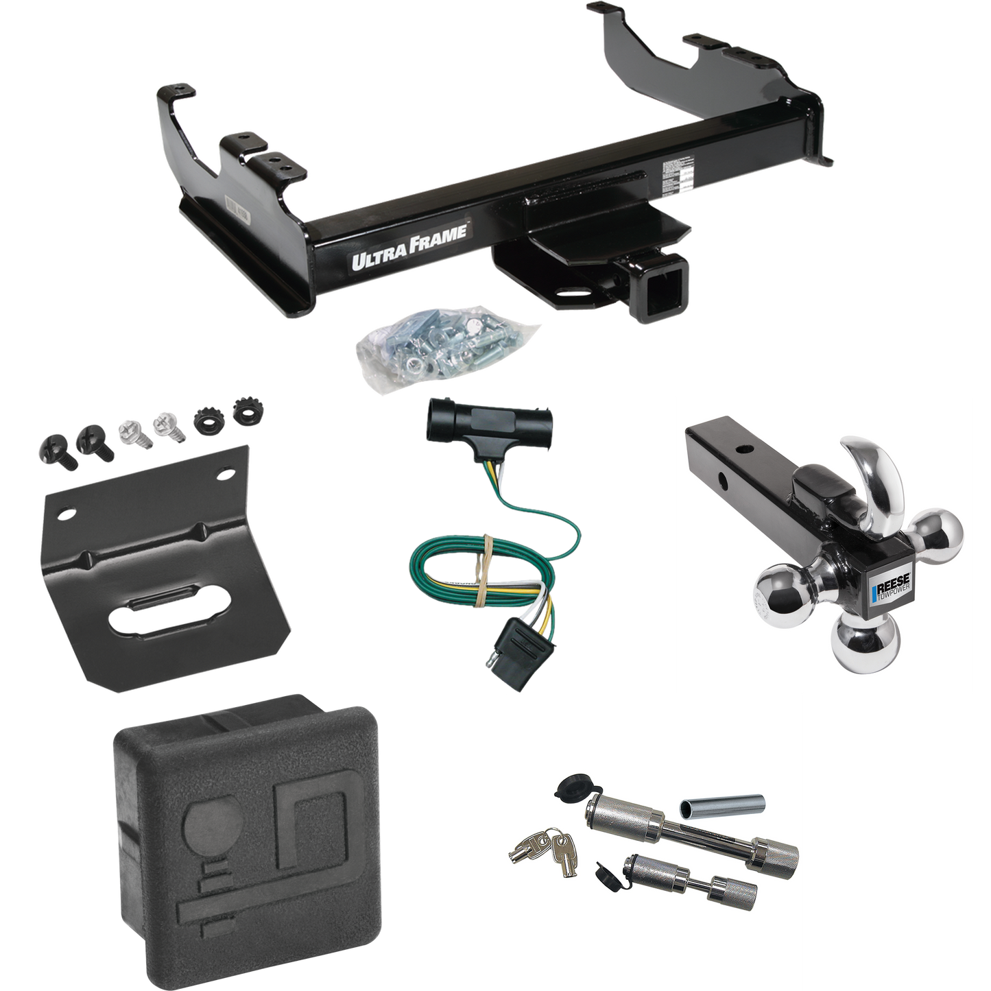 Fits 1977-1978 GMC K35 Trailer Hitch Tow PKG w/ 4-Flat Wiring Harness + Triple Ball Ball Mount 1-7/8" & 2" & 2-5/16" Trailer Balls w/ Tow Hook + Dual Hitch & Coupler Locks + Hitch Cover + Wiring Bracket By Draw-Tite