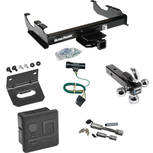 Fits 1977-1978 GMC K35 Trailer Hitch Tow PKG w/ 4-Flat Wiring Harness + Triple Ball Ball Mount 1-7/8" & 2" & 2-5/16" Trailer Balls w/ Tow Hook + Dual Hitch & Coupler Locks + Hitch Cover + Wiring Bracket By Draw-Tite