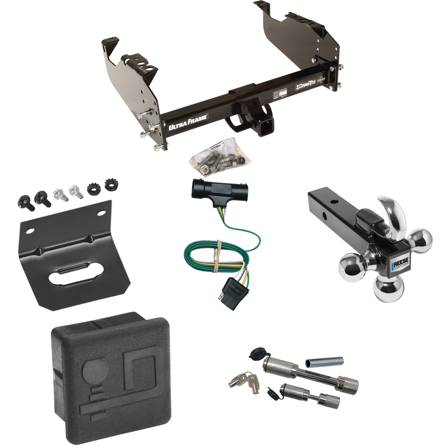 Fits 1973-1984 Chevrolet K20 Trailer Hitch Tow PKG w/ 4-Flat Wiring Harness + Triple Ball Ball Mount 1-7/8" & 2" & 2-5/16" Trailer Balls w/ Tow Hook + Dual Hitch & Coupler Locks + Hitch Cover + Wiring Bracket By Draw-Tite