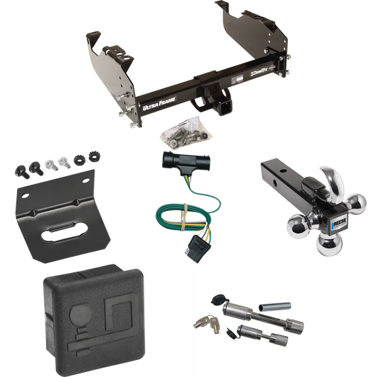 Fits 1973-1984 Chevrolet K20 Trailer Hitch Tow PKG w/ 4-Flat Wiring Harness + Triple Ball Ball Mount 1-7/8" & 2" & 2-5/16" Trailer Balls w/ Tow Hook + Dual Hitch & Coupler Locks + Hitch Cover + Wiring Bracket By Draw-Tite