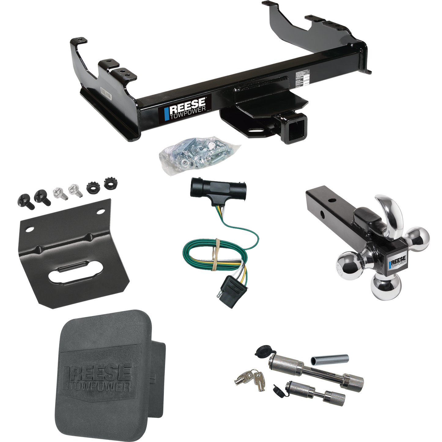 Fits 1967-1978 GMC C35 Trailer Hitch Tow PKG w/ 4-Flat Wiring Harness + Triple Ball Ball Mount 1-7/8" & 2" & 2-5/16" Trailer Balls w/ Tow Hook + Dual Hitch & Coupler Locks + Hitch Cover + Wiring Bracket By Reese Towpower