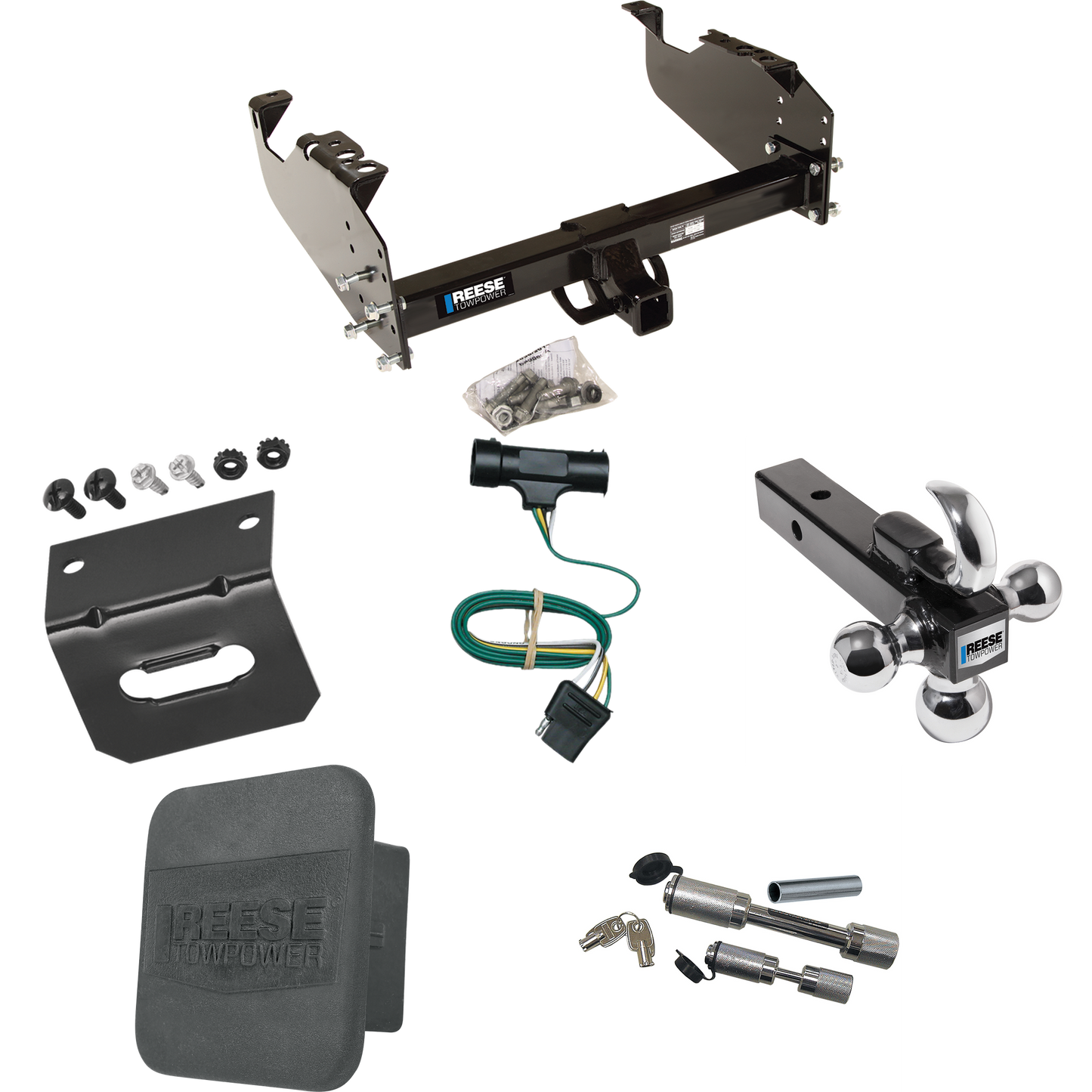 Fits 1975-1978 GMC K15 Trailer Hitch Tow PKG w/ 4-Flat Wiring Harness + Triple Ball Ball Mount 1-7/8" & 2" & 2-5/16" Trailer Balls w/ Tow Hook + Dual Hitch & Coupler Locks + Hitch Cover + Wiring Bracket By Reese Towpower