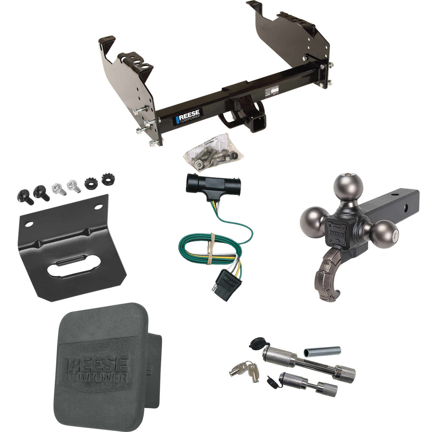 Fits 1967-1978 GMC C35 Trailer Hitch Tow PKG w/ 4-Flat Wiring Harness + Triple Ball Ball Mount 1-7/8" & 2" & 2-5/16" Trailer Balls w/ Tow Hook + Dual Hitch & Coupler Locks + Hitch Cover + Wiring Bracket By Reese Towpower