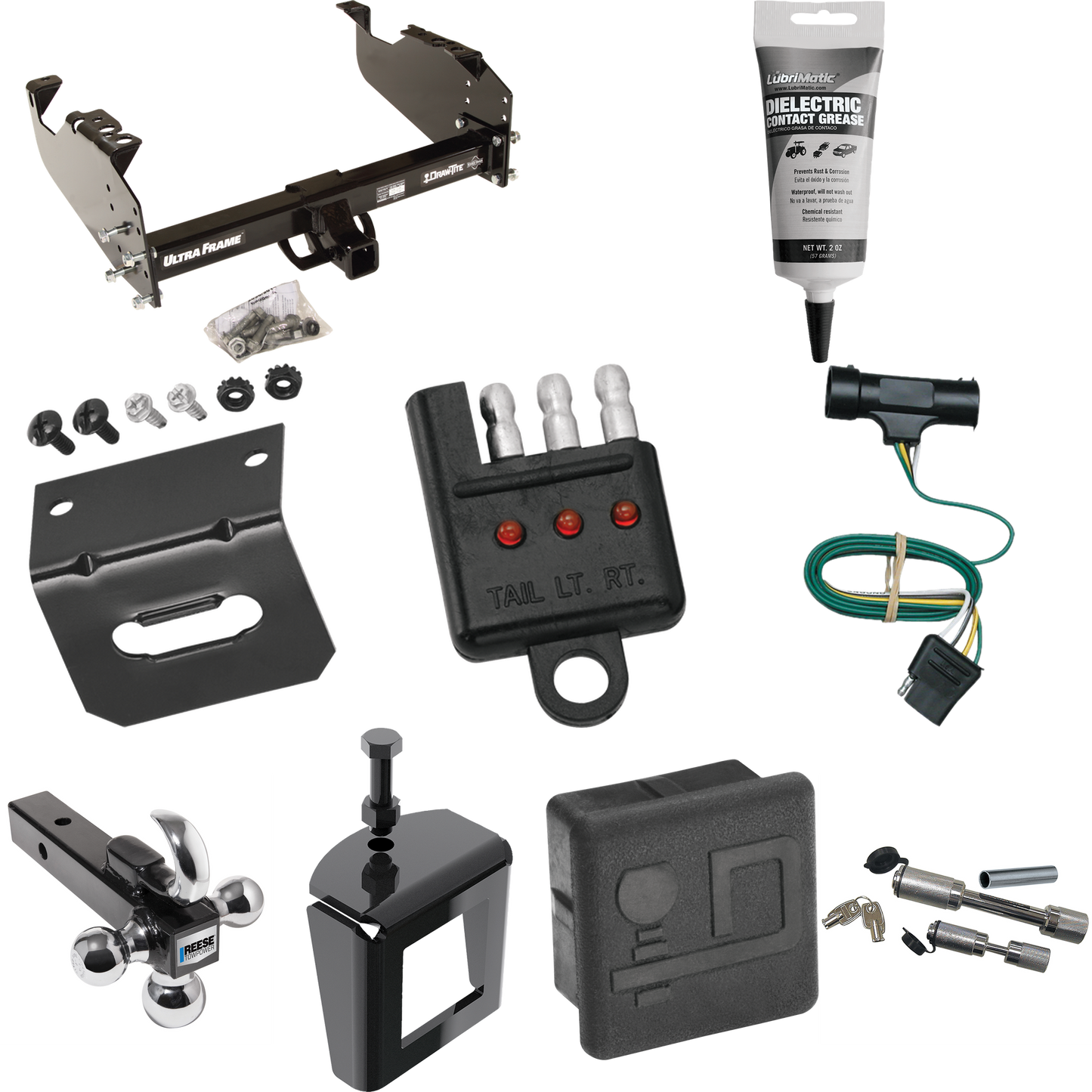 Fits 1979-1984 GMC C3500 Trailer Hitch Tow PKG w/ 4-Flat Wiring Harness + Triple Ball Ball Mount 1-7/8" & 2" & 2-5/16" Trailer Balls w/ Tow Hook + Dual Hitch & Coupler Locks + Hitch Cover + Wiring Bracket + Wiring Tester + Electric Grease + Anti Ratt