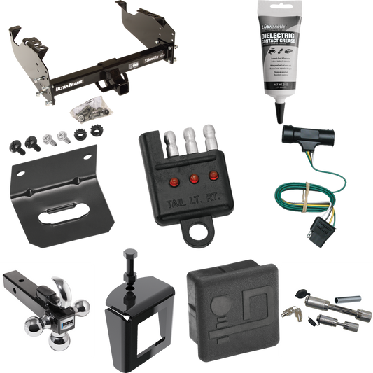 Fits 1979-1984 GMC C3500 Trailer Hitch Tow PKG w/ 4-Flat Wiring Harness + Triple Ball Ball Mount 1-7/8" & 2" & 2-5/16" Trailer Balls w/ Tow Hook + Dual Hitch & Coupler Locks + Hitch Cover + Wiring Bracket + Wiring Tester + Electric Grease + Anti Ratt