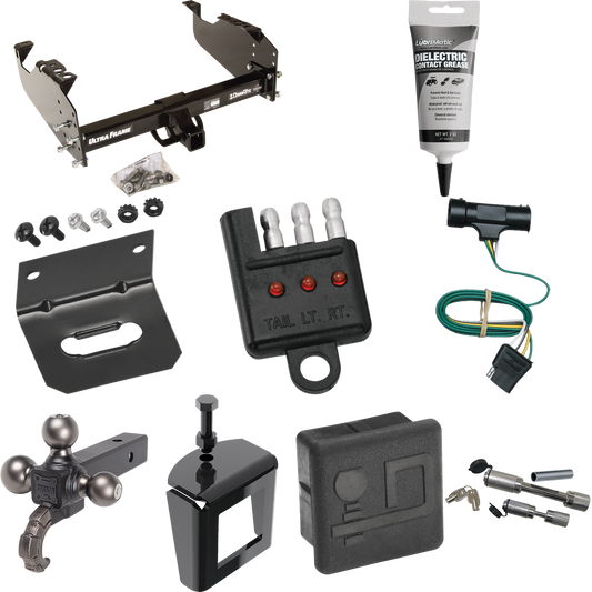 Fits 1977-1978 GMC K35 Trailer Hitch Tow PKG w/ 4-Flat Wiring Harness + Triple Ball Ball Mount 1-7/8" & 2" & 2-5/16" Trailer Balls w/ Tow Hook + Dual Hitch & Coupler Locks + Hitch Cover + Wiring Bracket + Wiring Tester + Electric Grease + Anti Rattle