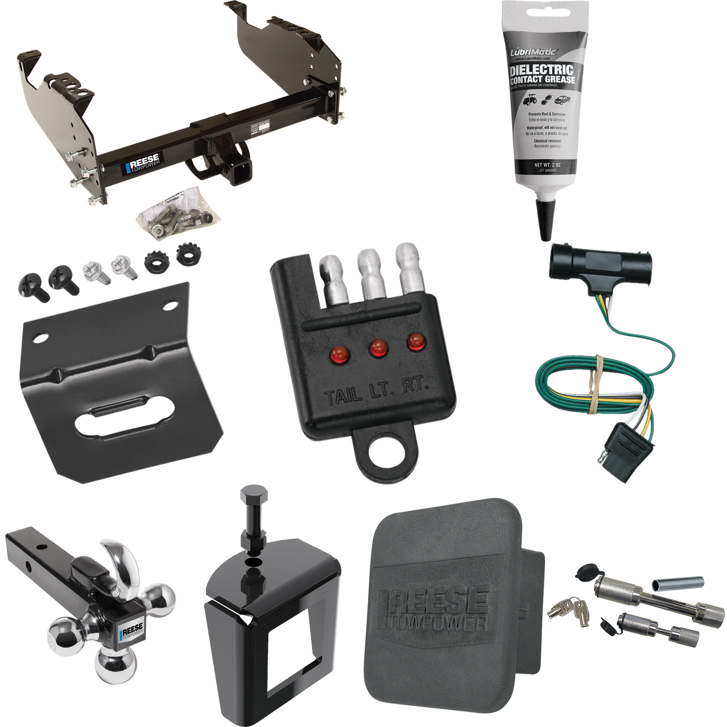 Fits 1977-1978 GMC K35 Trailer Hitch Tow PKG w/ 4-Flat Wiring Harness + Triple Ball Ball Mount 1-7/8" & 2" & 2-5/16" Trailer Balls w/ Tow Hook + Dual Hitch & Coupler Locks + Hitch Cover + Wiring Bracket + Wiring Tester + Electric Grease + Anti Rattle