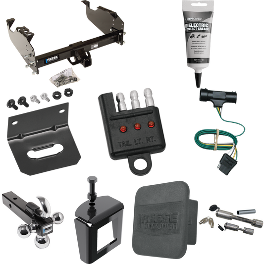 Fits 1977-1978 GMC K35 Trailer Hitch Tow PKG w/ 4-Flat Wiring Harness + Triple Ball Ball Mount 1-7/8" & 2" & 2-5/16" Trailer Balls w/ Tow Hook + Dual Hitch & Coupler Locks + Hitch Cover + Wiring Bracket + Wiring Tester + Electric Grease + Anti Rattle