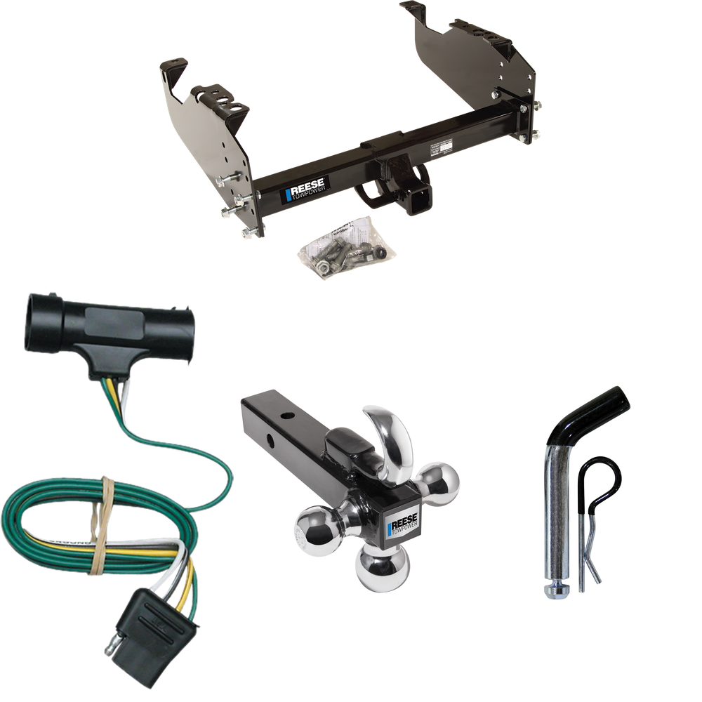 Fits 1973-1984 Chevrolet C10 Trailer Hitch Tow PKG w/ 4-Flat Wiring Harness + Triple Ball Ball Mount 1-7/8" & 2" & 2-5/16" Trailer Balls w/ Tow Hook + Pin/Clip By Reese Towpower