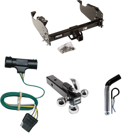 Fits 1973-1984 Chevrolet C10 Trailer Hitch Tow PKG w/ 4-Flat Wiring Harness + Triple Ball Ball Mount 1-7/8" & 2" & 2-5/16" Trailer Balls w/ Tow Hook + Pin/Clip By Reese Towpower