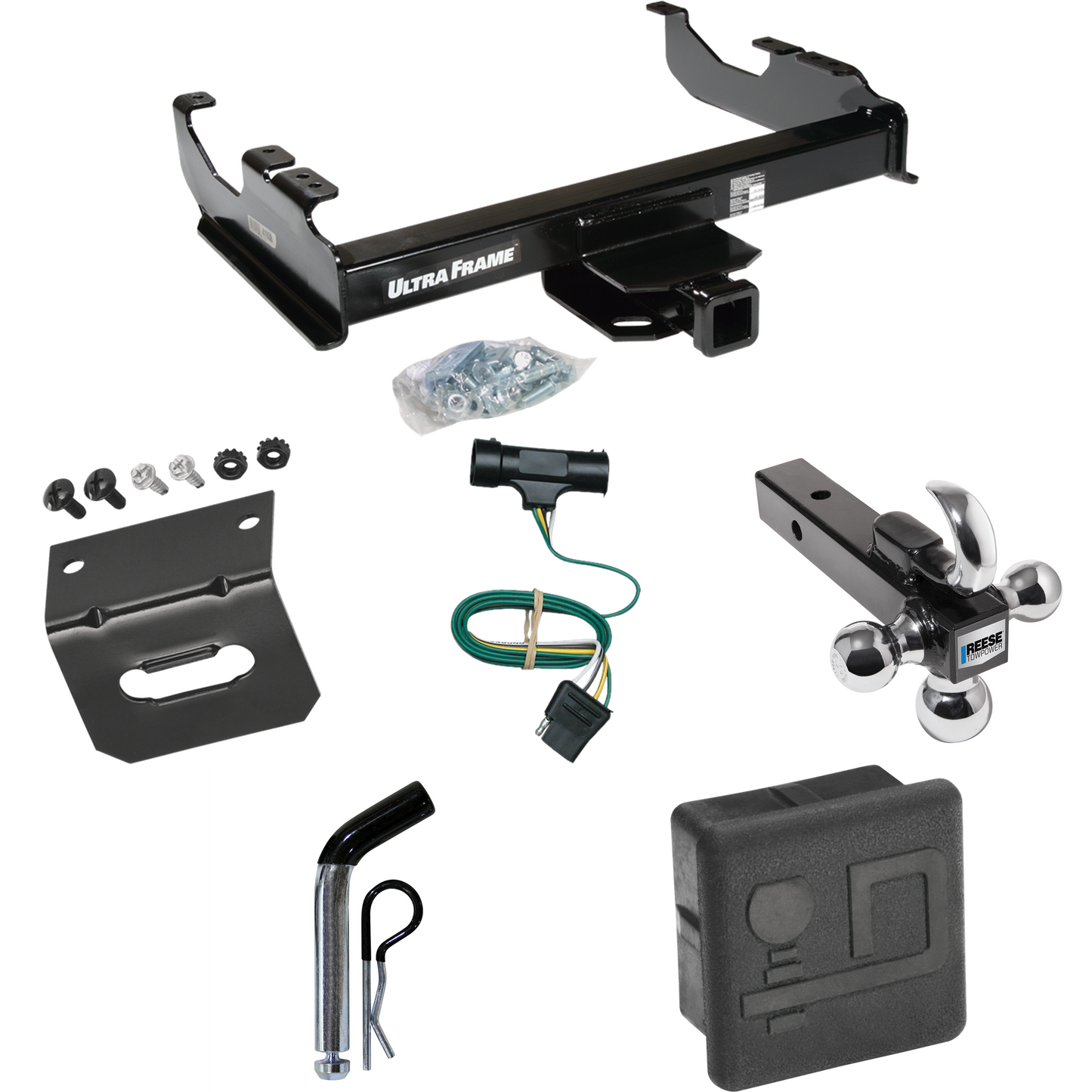 Fits 1973-1984 Chevrolet C30 Trailer Hitch Tow PKG w/ 4-Flat Wiring Harness + Triple Ball Ball Mount 1-7/8" & 2" & 2-5/16" Trailer Balls w/ Tow Hook + Pin/Clip + Hitch Cover + Wiring Bracket By Draw-Tite