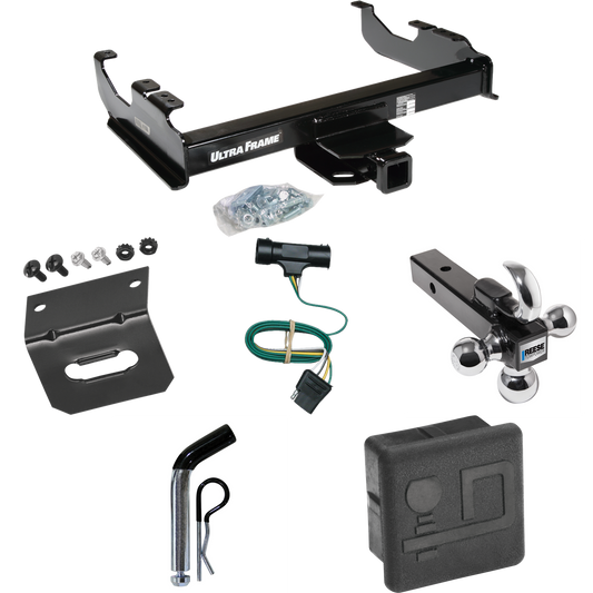 Fits 1973-1984 Chevrolet C30 Trailer Hitch Tow PKG w/ 4-Flat Wiring Harness + Triple Ball Ball Mount 1-7/8" & 2" & 2-5/16" Trailer Balls w/ Tow Hook + Pin/Clip + Hitch Cover + Wiring Bracket By Draw-Tite