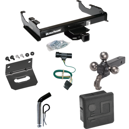 Fits 1967-1978 GMC K25 Trailer Hitch Tow PKG w/ 4-Flat Wiring Harness + Triple Ball Ball Mount 1-7/8" & 2" & 2-5/16" Trailer Balls w/ Tow Hook + Pin/Clip + Hitch Cover + Wiring Bracket By Draw-Tite