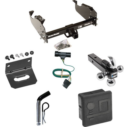 Fits 1968-1974 GMC K35 Trailer Hitch Tow PKG w/ 4-Flat Wiring Harness + Triple Ball Ball Mount 1-7/8" & 2" & 2-5/16" Trailer Balls w/ Tow Hook + Pin/Clip + Hitch Cover + Wiring Bracket By Draw-Tite