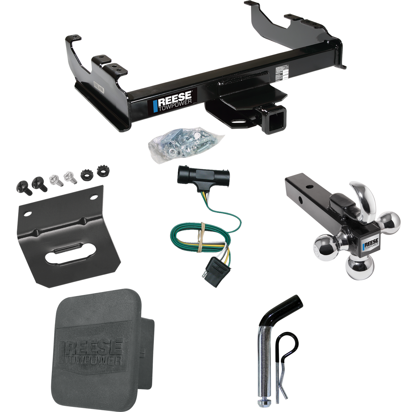 Fits 1979-1984 GMC C1500 Trailer Hitch Tow PKG w/ 4-Flat Wiring Harness + Triple Ball Ball Mount 1-7/8" & 2" & 2-5/16" Trailer Balls w/ Tow Hook + Pin/Clip + Hitch Cover + Wiring Bracket By Reese Towpower