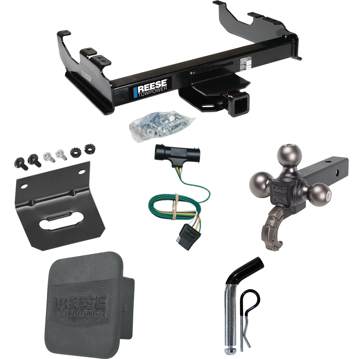 Fits 1977-1984 Chevrolet K30 Trailer Hitch Tow PKG w/ 4-Flat Wiring Harness + Triple Ball Ball Mount 1-7/8" & 2" & 2-5/16" Trailer Balls w/ Tow Hook + Pin/Clip + Hitch Cover + Wiring Bracket By Reese Towpower