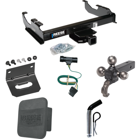 Fits 1977-1984 Chevrolet K30 Trailer Hitch Tow PKG w/ 4-Flat Wiring Harness + Triple Ball Ball Mount 1-7/8" & 2" & 2-5/16" Trailer Balls w/ Tow Hook + Pin/Clip + Hitch Cover + Wiring Bracket By Reese Towpower