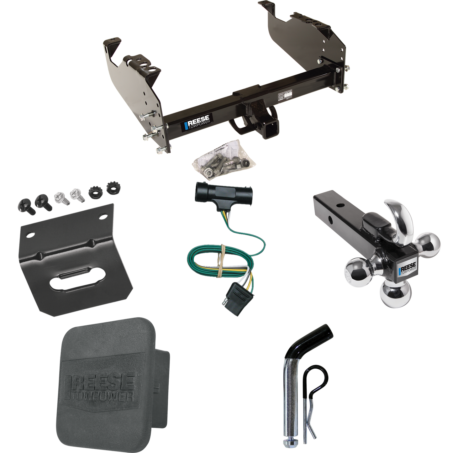 Fits 1973-1974 Chevrolet K30 Trailer Hitch Tow PKG w/ 4-Flat Wiring Harness + Triple Ball Ball Mount 1-7/8" & 2" & 2-5/16" Trailer Balls w/ Tow Hook + Pin/Clip + Hitch Cover + Wiring Bracket By Reese Towpower