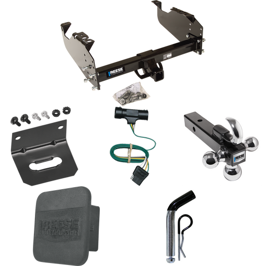 Fits 1973-1974 Chevrolet K30 Trailer Hitch Tow PKG w/ 4-Flat Wiring Harness + Triple Ball Ball Mount 1-7/8" & 2" & 2-5/16" Trailer Balls w/ Tow Hook + Pin/Clip + Hitch Cover + Wiring Bracket By Reese Towpower