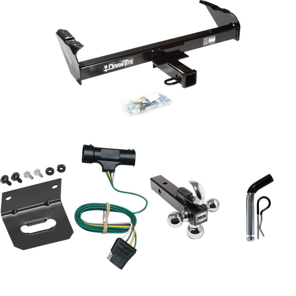 Fits 1967-1978 GMC K35 Trailer Hitch Tow PKG w/ 4-Flat Wiring Harness + Triple Ball Ball Mount 1-7/8" & 2" & 2-5/16" Trailer Balls w/ Tow Hook + Pin/Clip + Wiring Bracket By Draw-Tite