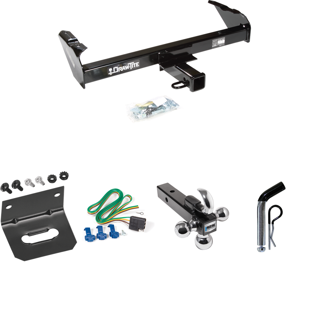 Fits 1988-1991 GMC C3500 Trailer Hitch Tow PKG w/ 4-Flat Wiring Harness + Triple Ball Ball Mount 1-7/8" & 2" & 2-5/16" Trailer Balls w/ Tow Hook + Pin/Clip + Wiring Bracket (For Crew Cab Models) By Draw-Tite