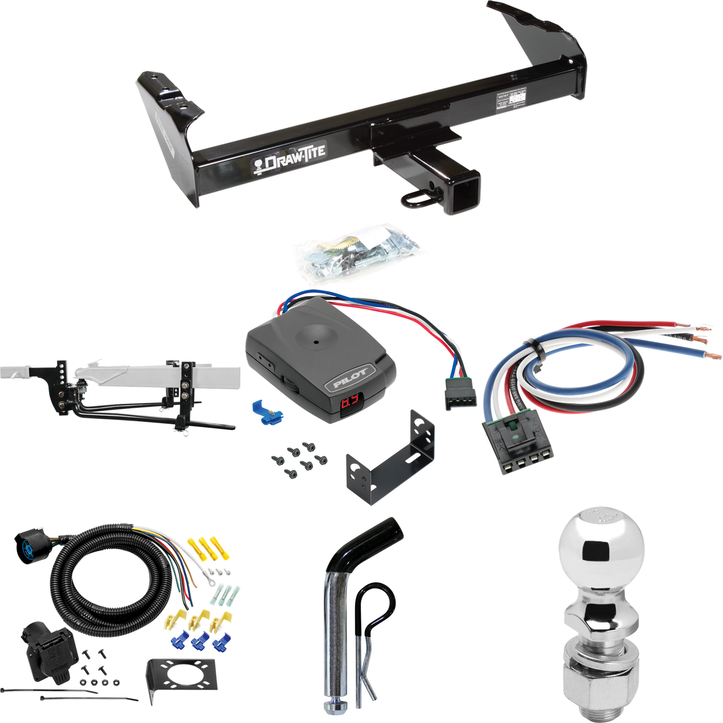 Fits 1988-1991 Chevrolet K3500 Trailer Hitch Tow PKG w/ 8K Round Bar Weight Distribution Hitch w/ 2-5/16" Ball + 2" Ball + Pin/Clip + Pro Series Pilot Brake Control + Generic BC Wiring Adapter + 7-Way RV Wiring (For Crew Cab Models) By Draw-Tite