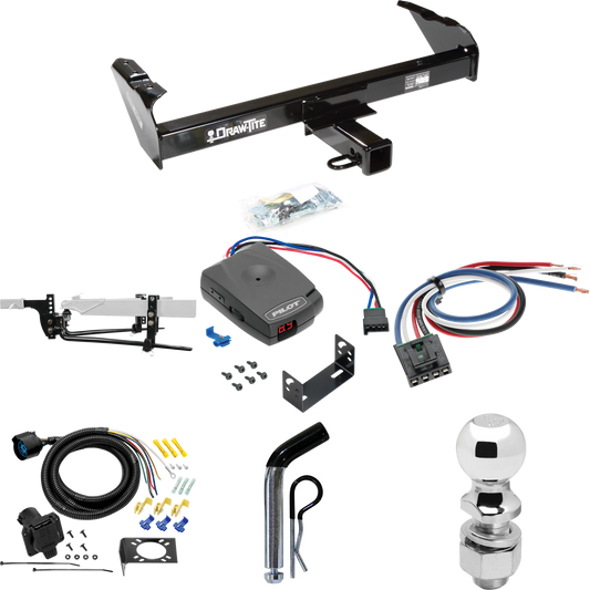 Fits 1988-1991 Chevrolet K3500 Trailer Hitch Tow PKG w/ 8K Round Bar Weight Distribution Hitch w/ 2-5/16" Ball + 2" Ball + Pin/Clip + Pro Series Pilot Brake Control + Generic BC Wiring Adapter + 7-Way RV Wiring (For Crew Cab Models) By Draw-Tite