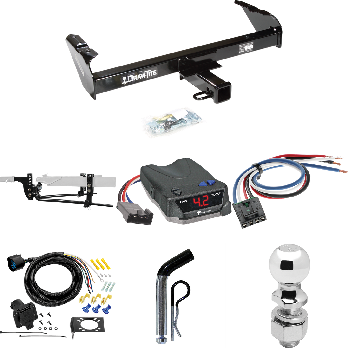 Fits 1988-1991 Chevrolet K2500 Trailer Hitch Tow PKG w/ 8K Round Bar Weight Distribution Hitch w/ 2-5/16" Ball + 2" Ball + Pin/Clip + Tekonsha BRAKE-EVN Brake Control + Generic BC Wiring Adapter + 7-Way RV Wiring (For Crew Cab Models) By Draw-Tite