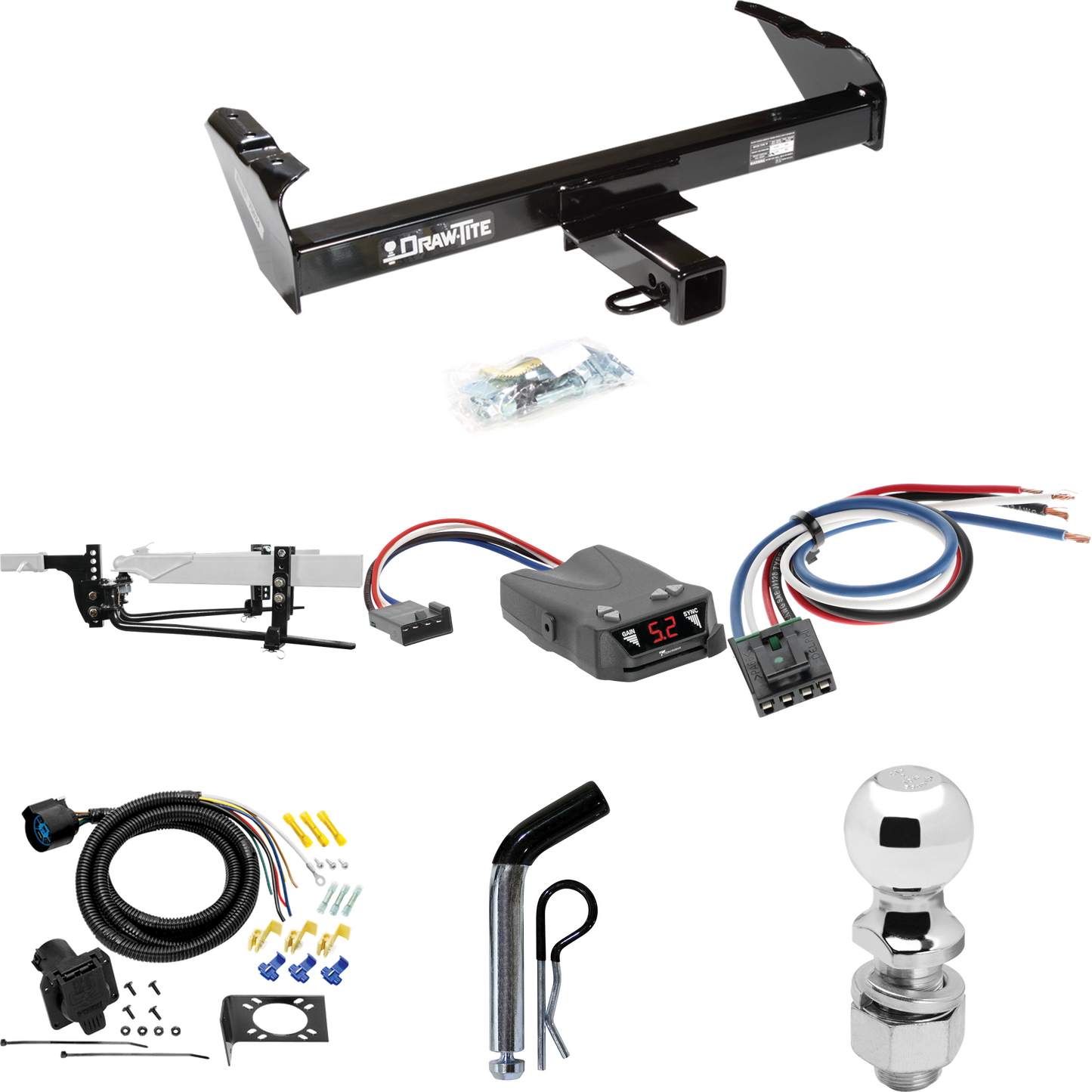 Fits 1967-1978 GMC C25 Trailer Hitch Tow PKG w/ 8K Round Bar Weight Distribution Hitch w/ 2-5/16" Ball + 2" Ball + Pin/Clip + Tekonsha Brakeman IV Brake Control + Generic BC Wiring Adapter + 7-Way RV Wiring By Draw-Tite