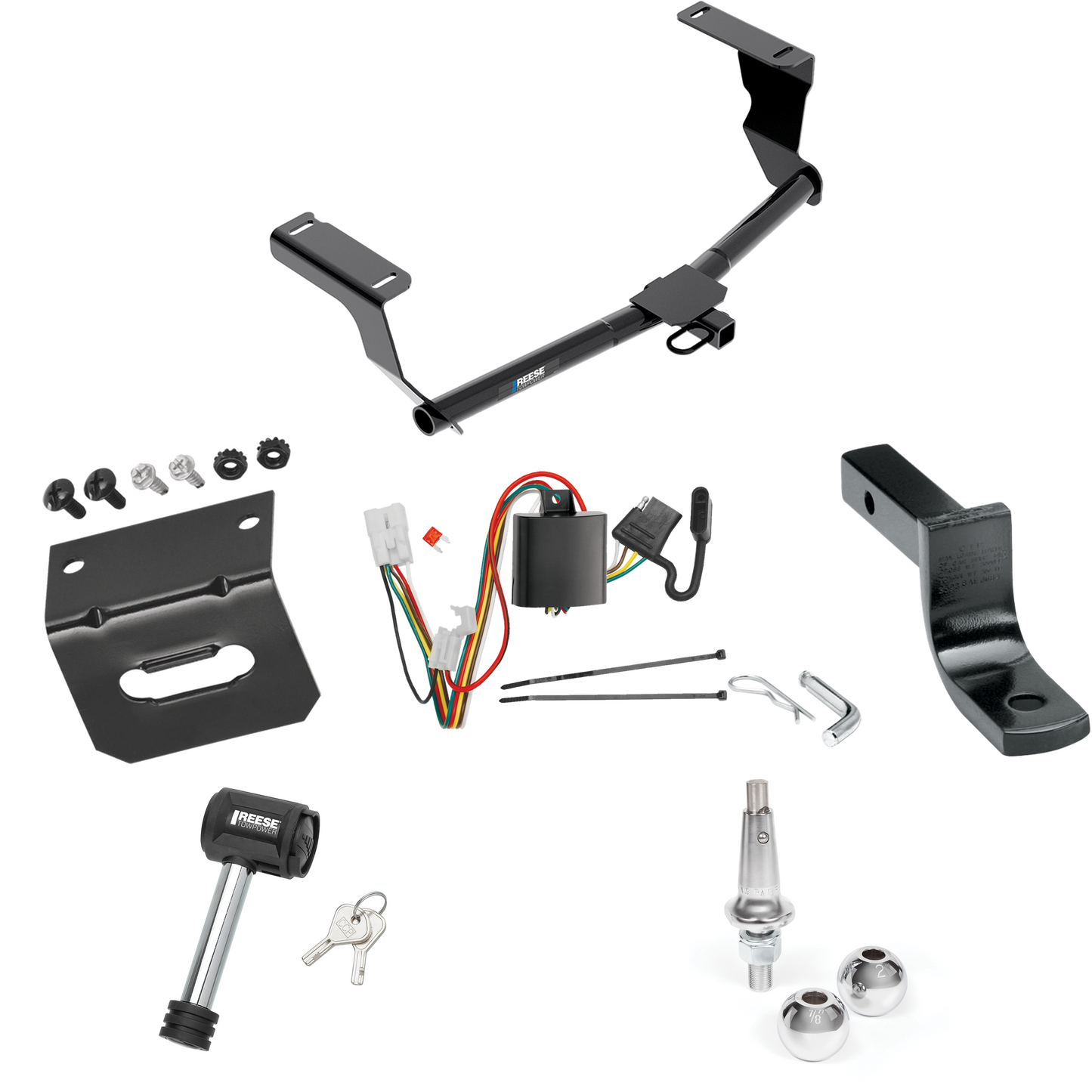 Fits 2013-2015 Subaru XV Crosstrek Trailer Hitch Tow PKG w/ 4-Flat Wiring Harness + Draw-Bar + Interchangeable 1-7/8" & 2" Balls + Wiring Bracket + Hitch Lock (Excludes: Hybrid Models) By Reese Towpower