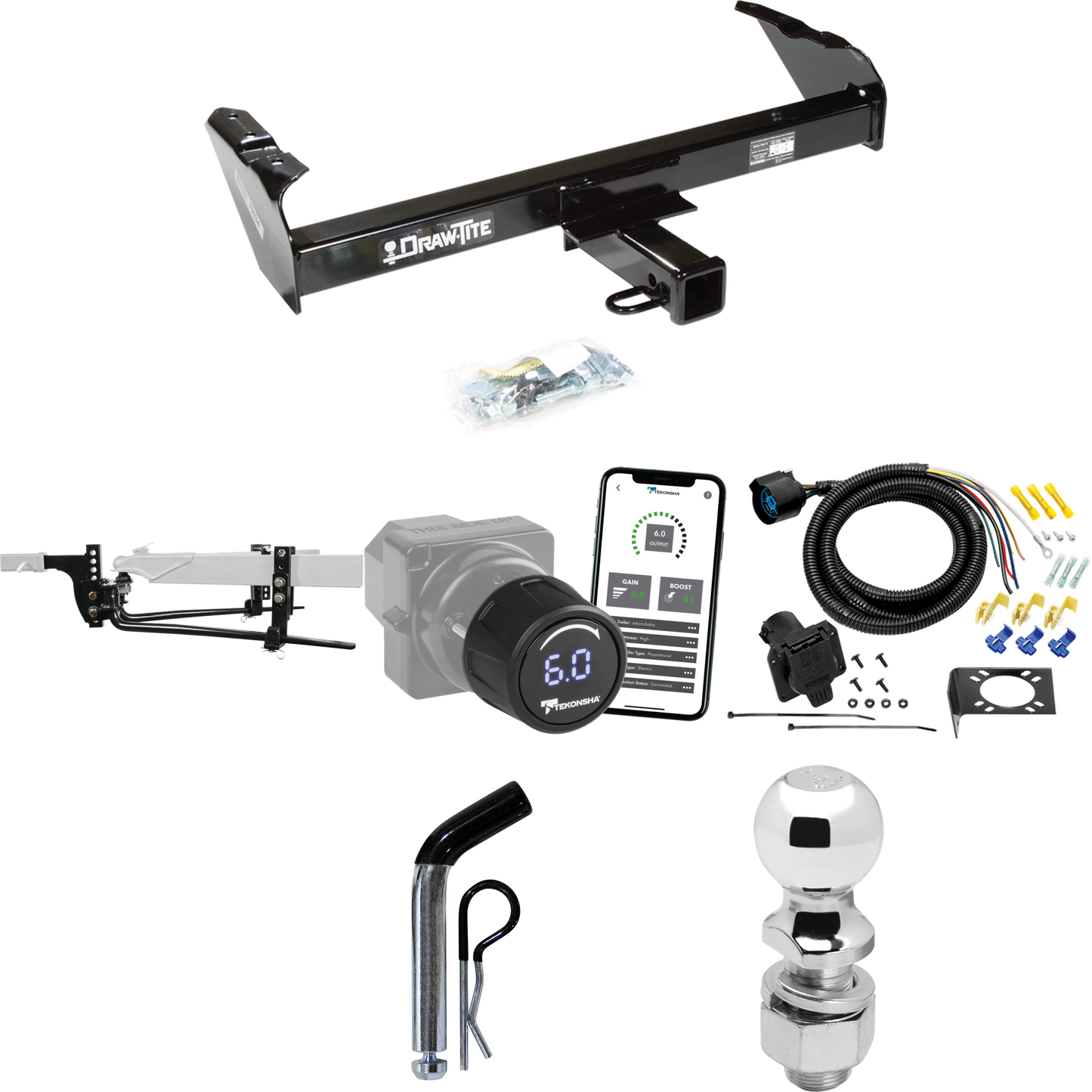 Fits 1963-1986 Chevrolet K20 Trailer Hitch Tow PKG w/ 8K Round Bar Weight Distribution Hitch w/ 2-5/16" Ball + 2" Ball + Pin/Clip + Tekonsha Prodigy iD Bluetooth Wireless Brake Control + 7-Way RV Wiring By Draw-Tite