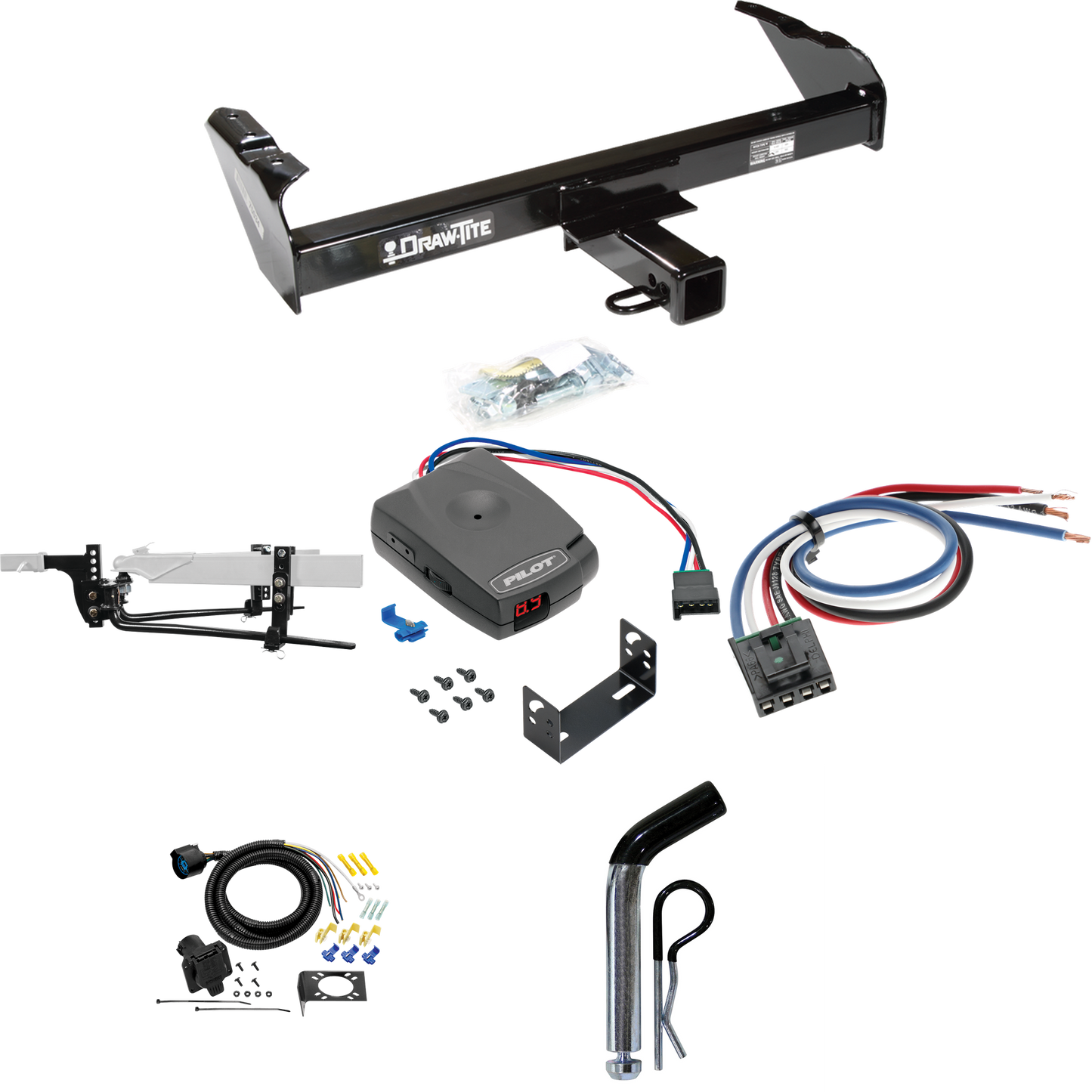 Fits 1979-1986 GMC C3500 Trailer Hitch Tow PKG w/ 8K Round Bar Weight Distribution Hitch w/ 2-5/16" Ball + Pin/Clip + Pro Series Pilot Brake Control + Generic BC Wiring Adapter + 7-Way RV Wiring By Draw-Tite