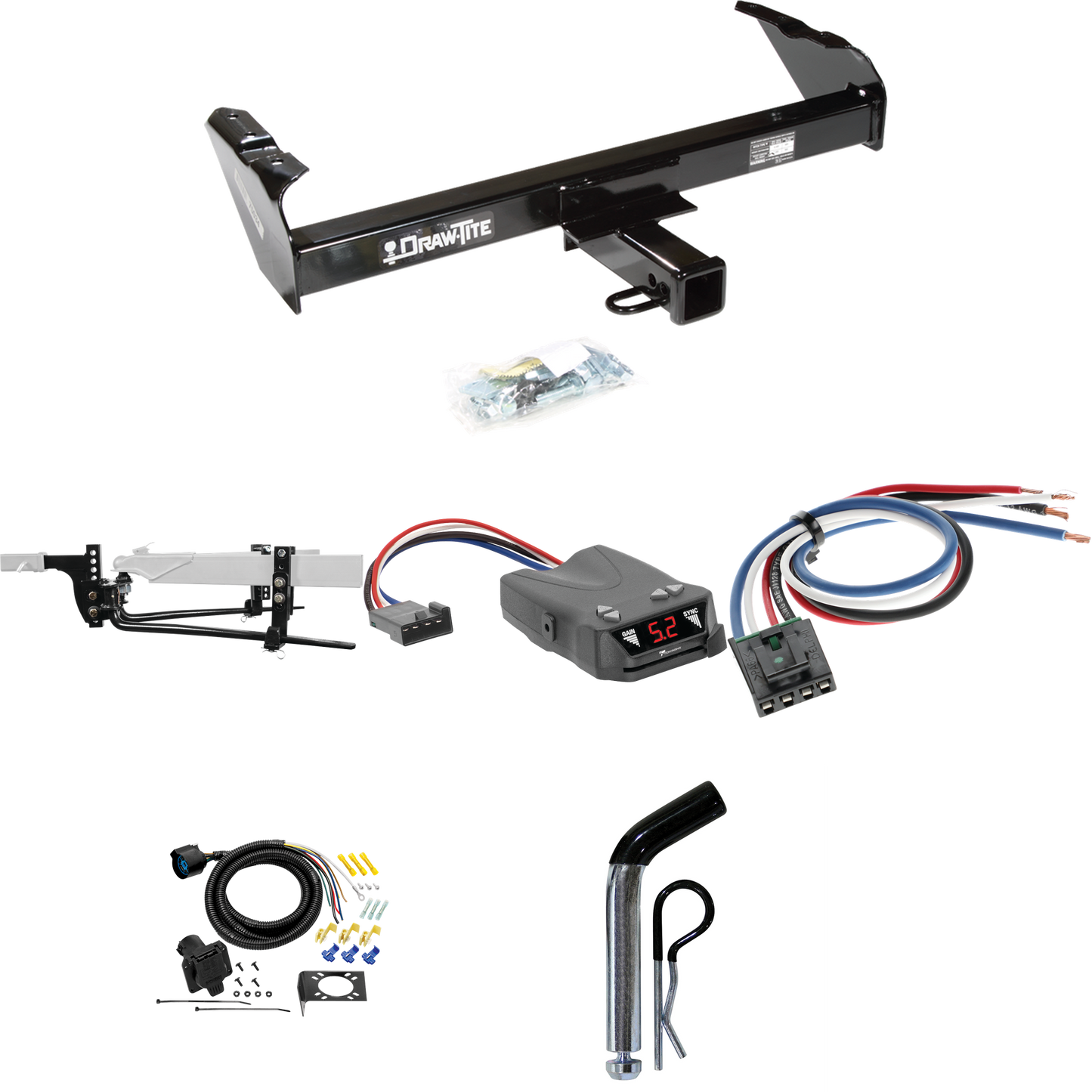 Fits 1988-1991 Chevrolet C2500 Trailer Hitch Tow PKG w/ 8K Round Bar Weight Distribution Hitch w/ 2-5/16" Ball + Pin/Clip + Tekonsha Brakeman IV Brake Control + Generic BC Wiring Adapter + 7-Way RV Wiring (For Crew Cab Models) By Draw-Tite