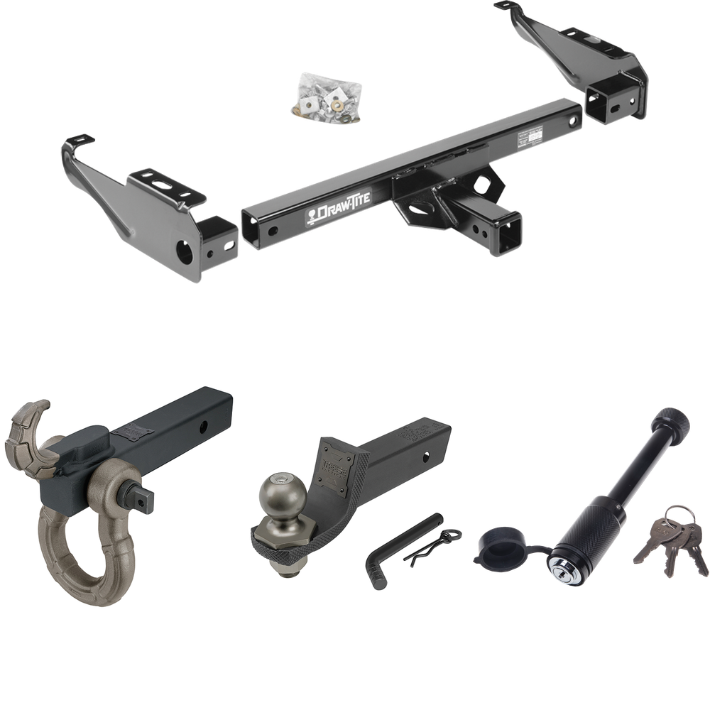 Fits 1974-1988 Dodge Ramcharger Trailer Hitch Tow PKG + Interlock Tactical Starter Kit w/ 2" Drop & 2" Ball + Tactical Hook & Shackle Mount + Tactical Dogbone Lock (Excludes: w/Skid Shield Models) By Draw-Tite