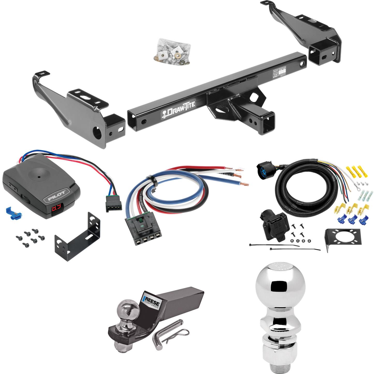 Fits 1979-2000 GMC C2500 Trailer Hitch Tow PKG w/ Pro Series Pilot Brake Control + Generic BC Wiring Adapter + 7-Way RV Wiring + 2" & 2-5/16" Ball & Drop Mount By Draw-Tite