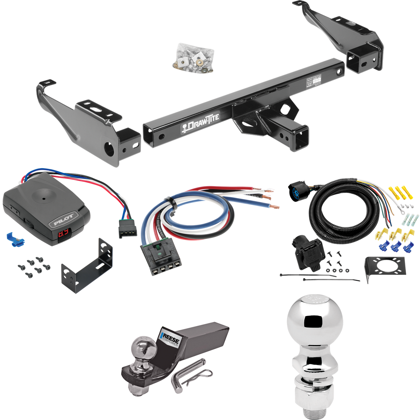 Fits 1988-1999 Chevrolet C2500 Trailer Hitch Tow PKG w/ Pro Series Pilot Brake Control + Generic BC Wiring Adapter + 7-Way RV Wiring + 2" & 2-5/16" Ball & Drop Mount (For Regular & Extended Cabs Models) By Draw-Tite