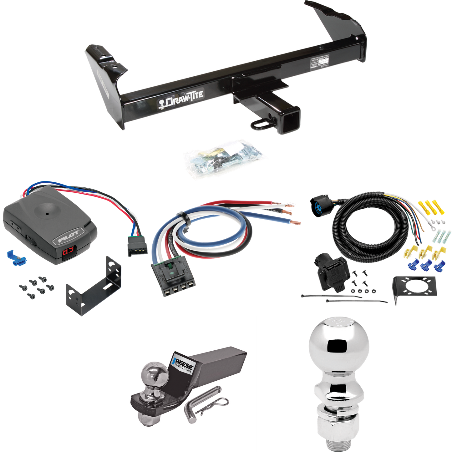 Fits 1973-1986 Chevrolet K30 Trailer Hitch Tow PKG w/ Pro Series Pilot Brake Control + Generic BC Wiring Adapter + 7-Way RV Wiring + 2" & 2-5/16" Ball & Drop Mount By Draw-Tite