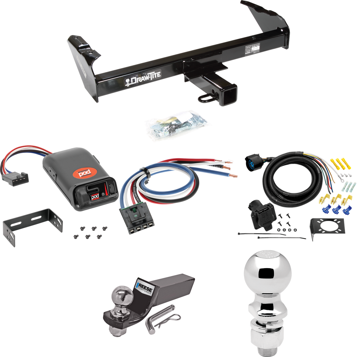 Fits 1963-1972 Ford F-250 Trailer Hitch Tow PKG w/ Pro Series POD Brake Control + Generic BC Wiring Adapter + 7-Way RV Wiring + 2" & 2-5/16" Ball & Drop Mount By Draw-Tite