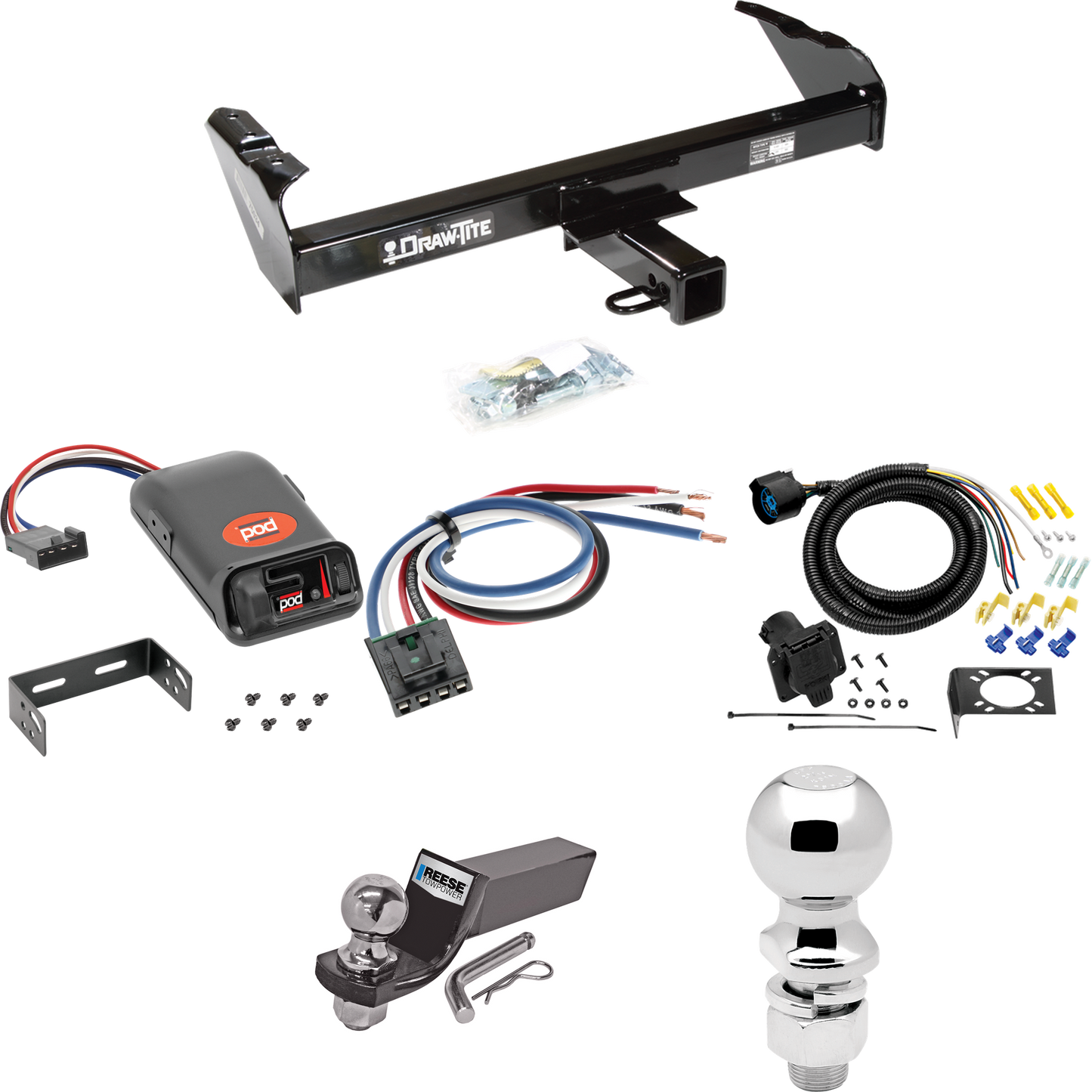 Fits 1988-1991 Chevrolet C3500 Trailer Hitch Tow PKG w/ Pro Series POD Brake Control + Generic BC Wiring Adapter + 7-Way RV Wiring + 2" & 2-5/16" Ball & Drop Mount (For Crew Cab Models) By Draw-Tite