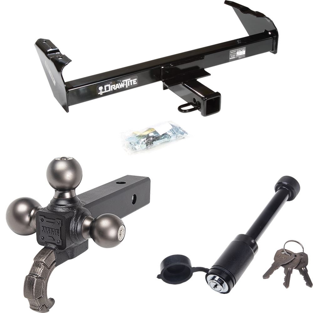 Fits 1973-1974 Chevrolet K30 Trailer Hitch Tow PKG + Triple Ball Tactical Ball Mount 1-7/8" & 2" & 2-5/16" Balls w/ Tow Hook + Tactical Dogbone Lock By Draw-Tite