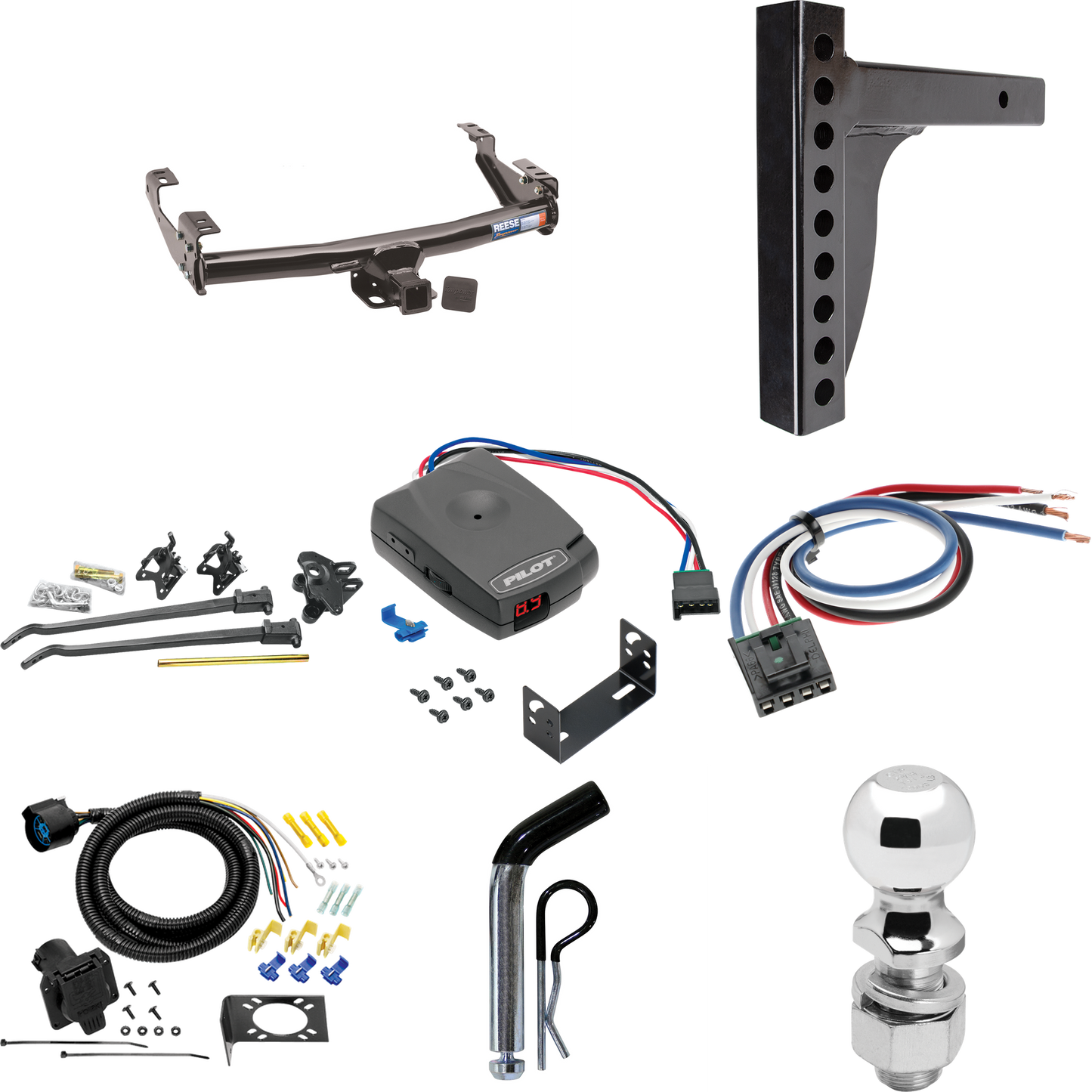 Fits 1992-1999 GMC K1500 Trailer Hitch Tow PKG w/ 12K Trunnion Bar Weight Distribution Hitch + Pin/Clip + 2-5/16" Ball + Pro Series Pilot Brake Control + Generic BC Wiring Adapter + 7-Way RV Wiring (For 4 Dr. Crew Cab w/8 ft. Bed Models) By Reese Tow